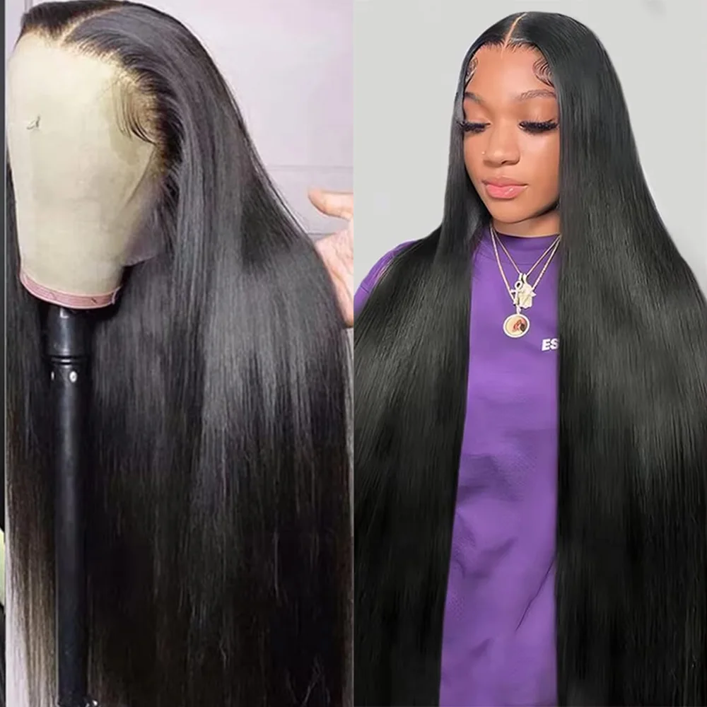 Natural Black Bone Straight Brazilian Remy Human Hair Lace Front Wig 7x6 HD Transparent Lace Pre Plucked No Glue 40 46 Inch HD Lace Frontal Wig for Women Pre Plucked 220 Density