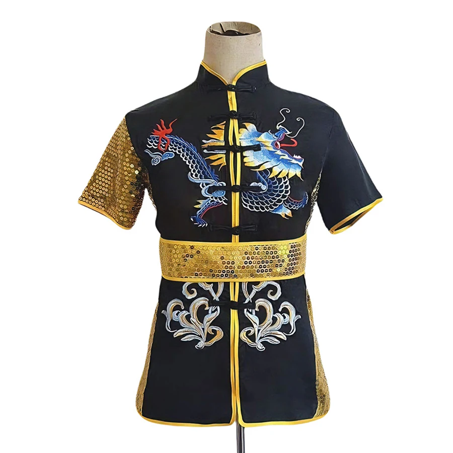 Chinese Children Kung Fu Uniform Wushu Dragon Embroidery Sequin Martial Arts Training Exercise Practice Stage Performance