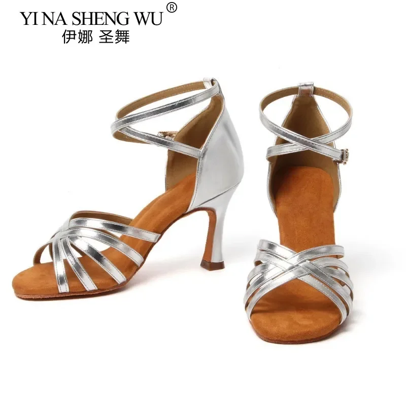 Latin Dansschoenen Volwassen Vrouwen Professionele Latin Dance Hoge Hakken 8.5 cm Suède Zolen Zilver Ballroom Tango Dansen Oefenschoenen