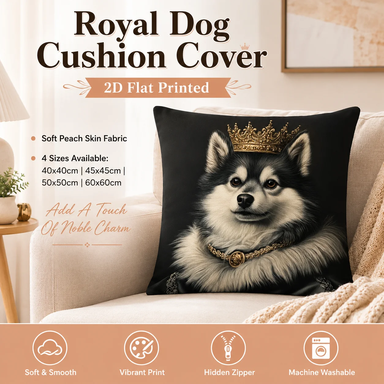 

Royal Dog Crown Peach Skin Pillowcase 2D Flat Printed Luxury Husky Cushion Cover For Sofa Living Room Bedroom Home Decor