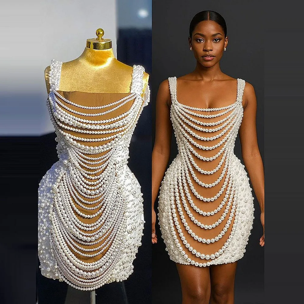 

Major Pearls Mermaid Prom Dresses Square Aso Ebi Cocktail Party Dress Above Knee Short Wedding Party Gowns