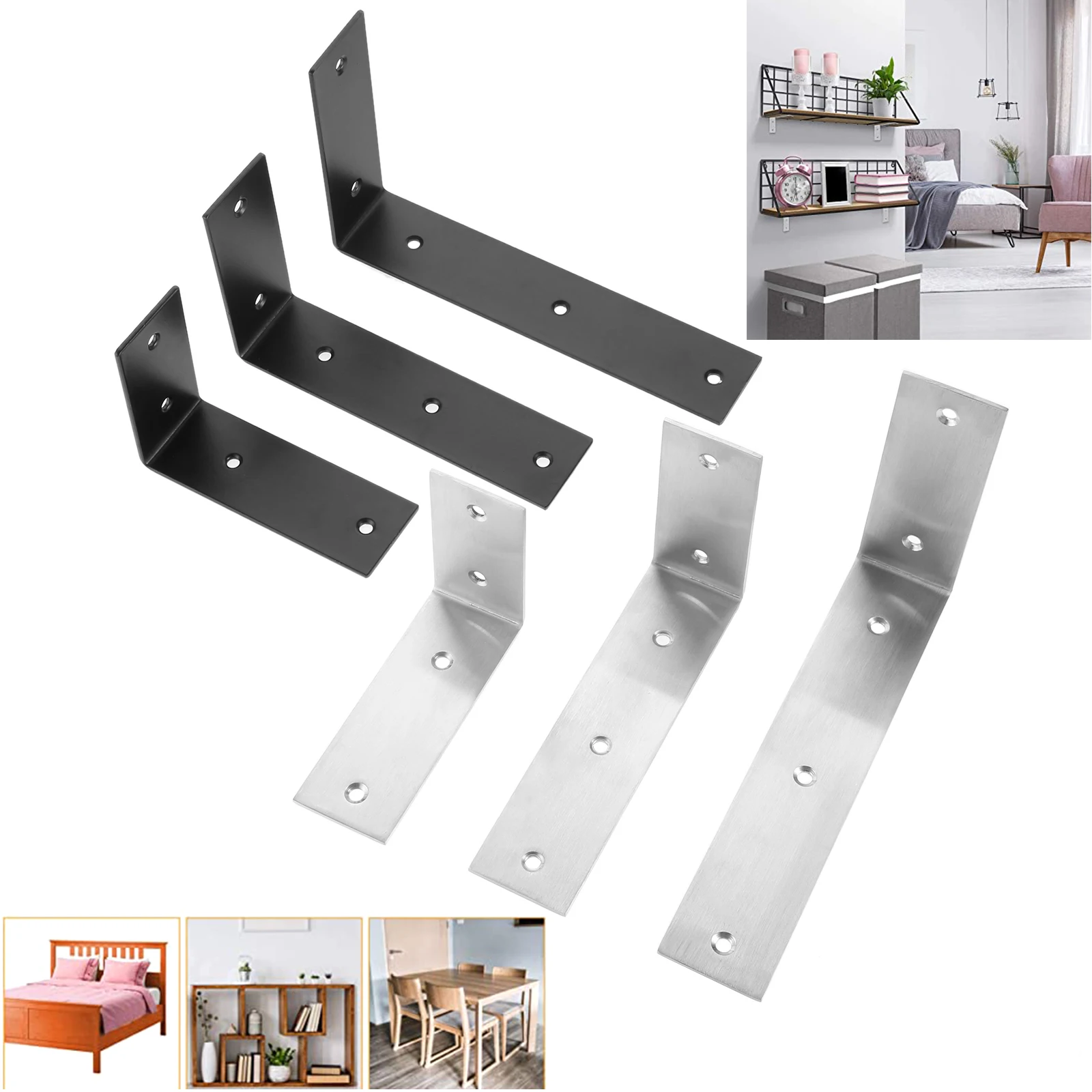 

2Pcs Stainless Steel L Corner Brackets Brushed Nickel/Black 90 Angle Brackets Joint Fastener Shelf Support for Furniture Cabinet