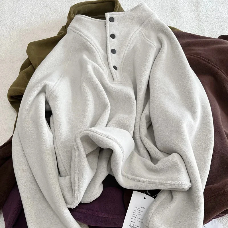 

Women Thick Fleece Warm Sweatshirt Long Sleeve Button Casual Street Top Stand Collar Loose Lazy Solid Simple Street Outwear