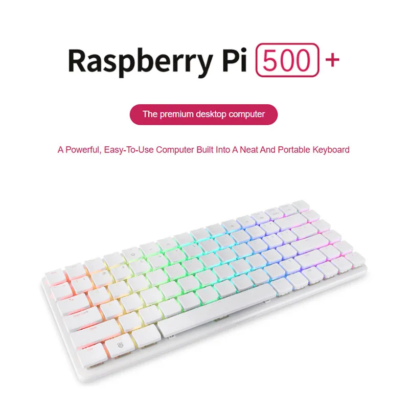 Computador All-in-One Raspberry Pi 500+ com Teclado Mecânico, Dual 4K HDMI, WiFi, BT e SSD NVMe Oficial de 256GB com Retroiluminação RGB