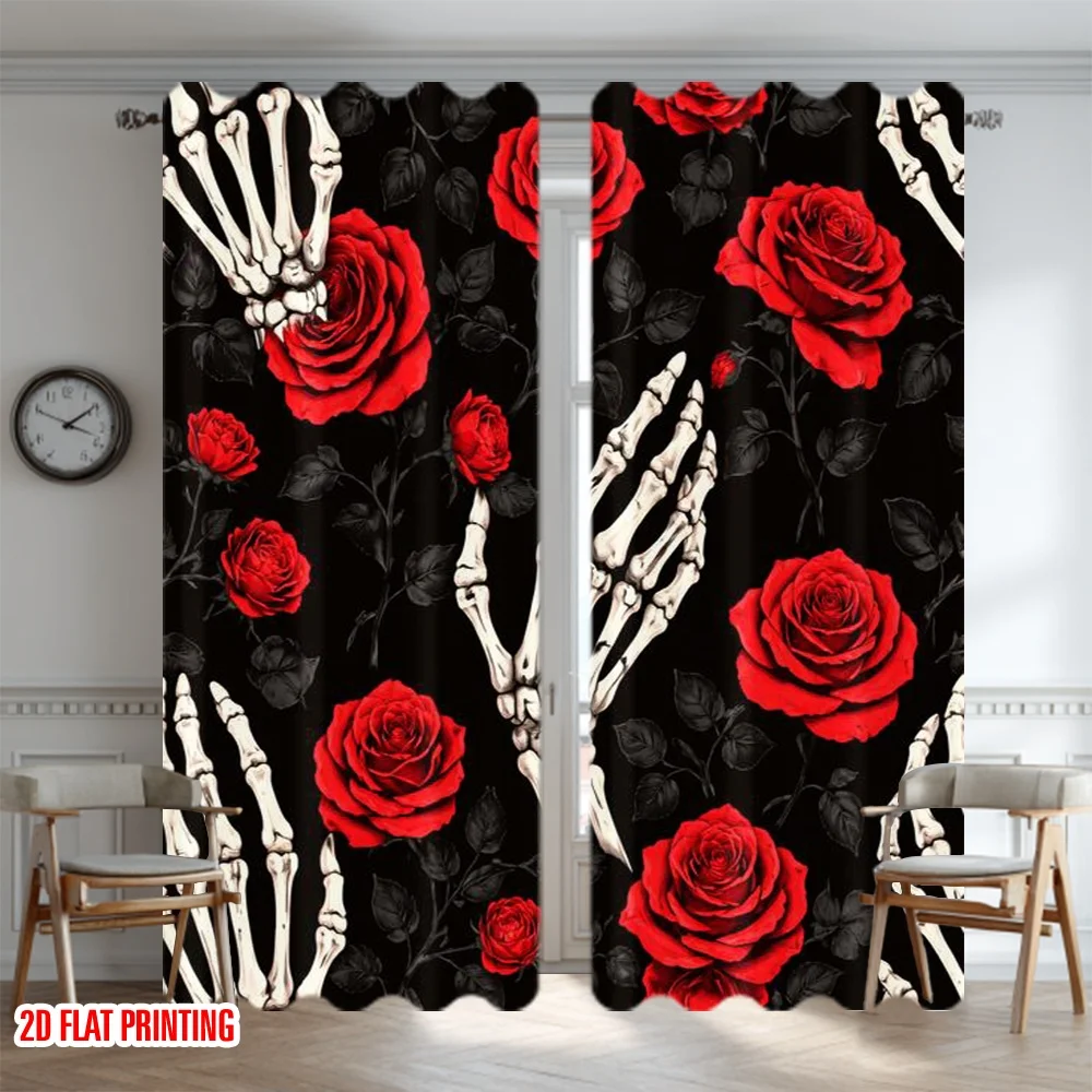 2D flat printing 2pcs Curtain Scene Curtain Halloween Skeletons and Roses Digital Printed Polyester Drapes Seasonal Party &