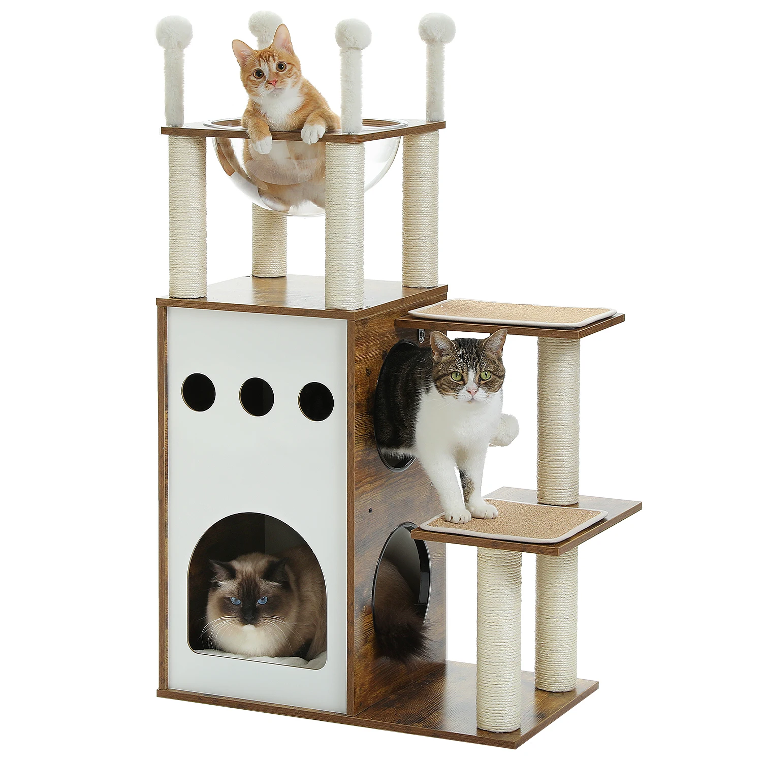 Modern Wood Cat Tree for Indoor Cat Tower Heavy Duty with Scratch Post for Extra Tall Condo Sturdy Frisco Castle with Clear Bowl