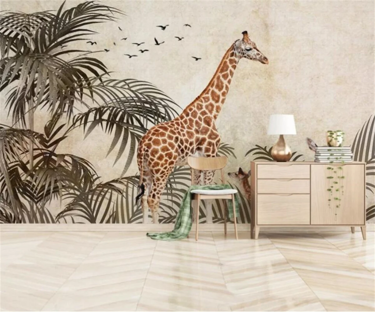 

Custom Wallpaper photo Hand-painted Plant Tropical Rainforest giraffe Mural Living Room Bedroom Mural TV Background 3D Wallpaper