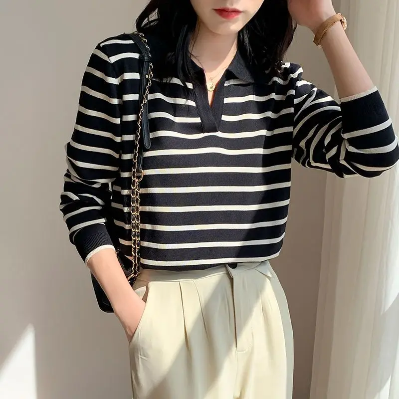 Women Clothing Fashion V-neck Long Sleeve Knit Pullovers Autumn Casual All-match Striped Top Office Lady Elegant Chic Sweaters