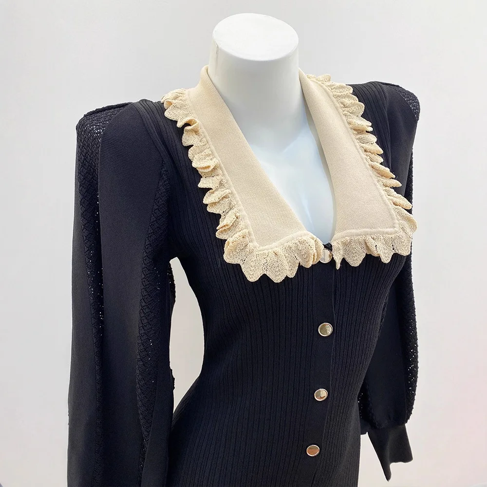 CHUJIE 秋冬春新作 フレンチスタイル ファッション エレガントドレス 高級感 ニットロングワンピース パフスリーブ付き