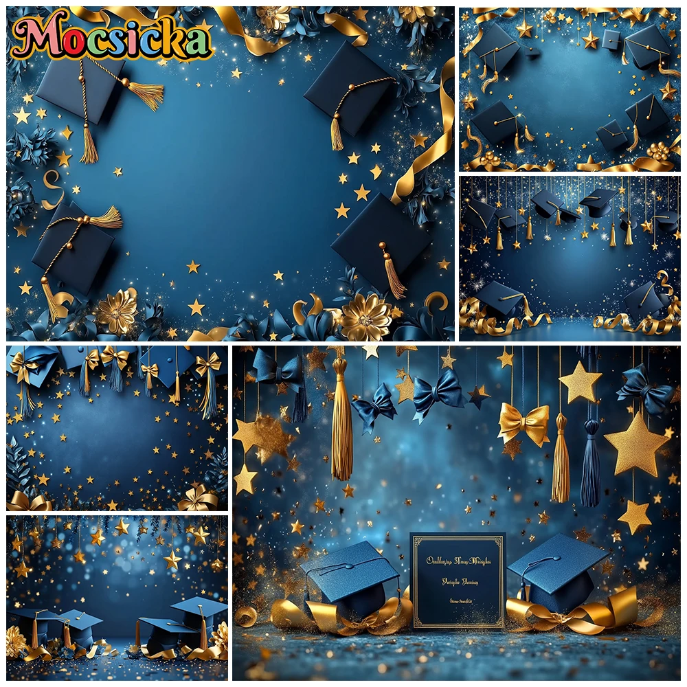 Mocsicka Graduation Ceremony Photo Backdrop Doctor's Hat Decor Graduate Background Photography Shooting Props Studio Blue Banner