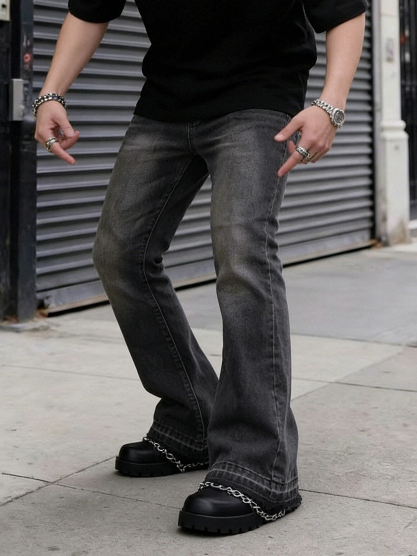 

Men Pants Jeans Clothing Denim Trousers Men's Black Washed Frayed Hem Flared Bootcut Denim Jeans