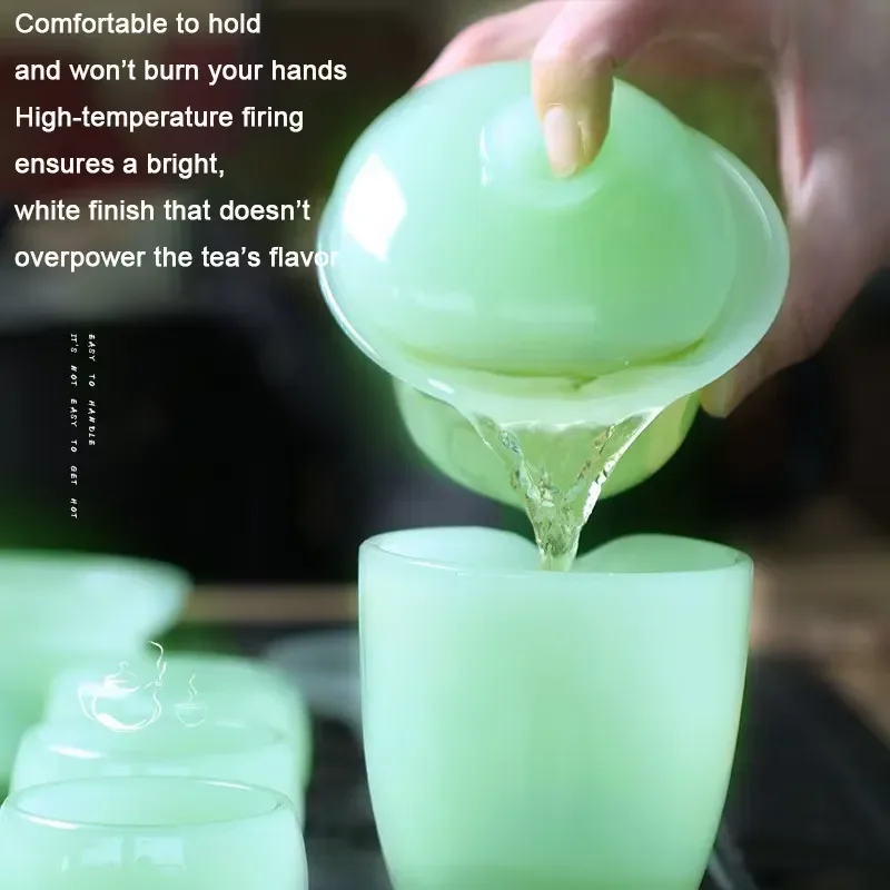 Green Jade Kung Fu Tea Set Glass Teacup with Glazed Cover Bowl New Chinese Style Reusable Home Office Gift Box Household Ware