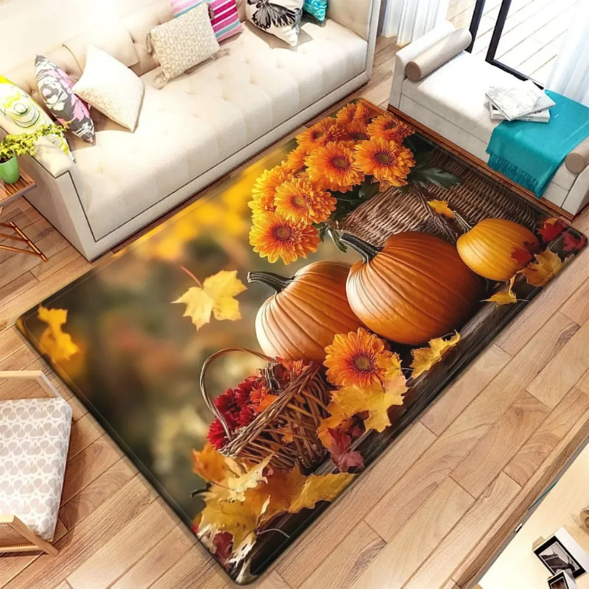 Beautiful Autumn Fall Pumpkin Leaf Area Rug Seasonal Harvest Decor Thanksgiving Home Floor Mat for Rustic Living Room