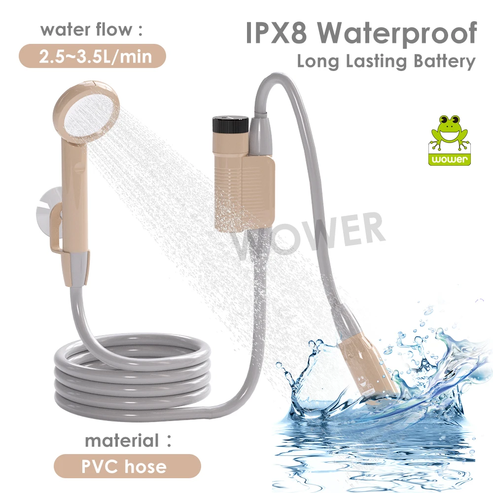 WOWER Portable Shower 2200mAh IPX8 Waterproof Electric shower with 2M hose Rechargeable Portable Shower for Camping Travel