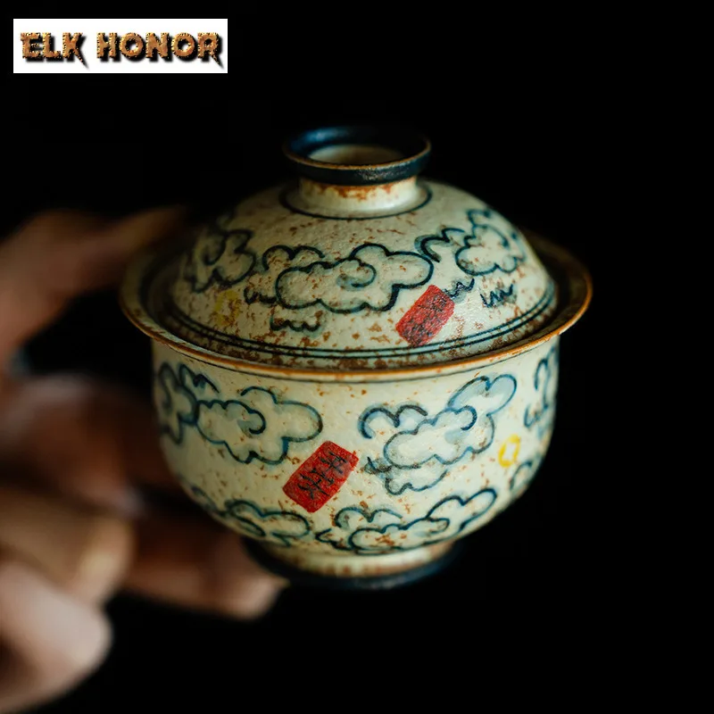 100ML Hand-painted Clouds Blue White Flint Red Gaiwan Ancient Tea Tureen Tea Bowl With Lid Kit Tea Maker Cover Bowl Teaset Craft