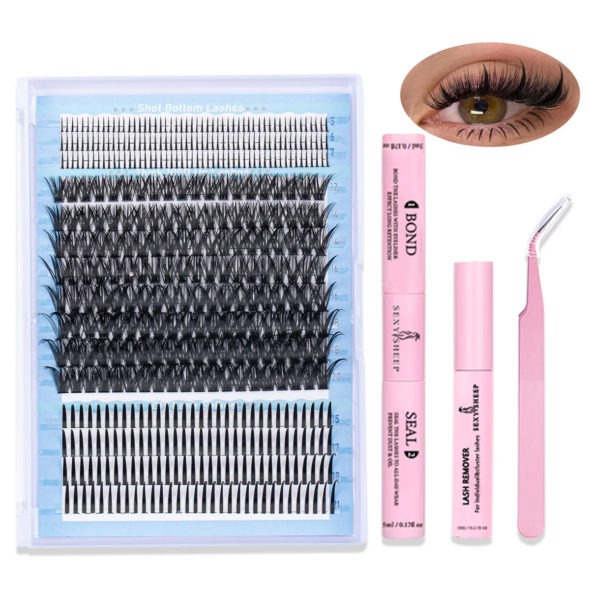 Wimpern-Cluster, flauschige Wimpern-Cluster, natürliche Mix-Stile mit niedrigem Wimpernvolumen, gemischte Bindung und Versiegelungspinzette