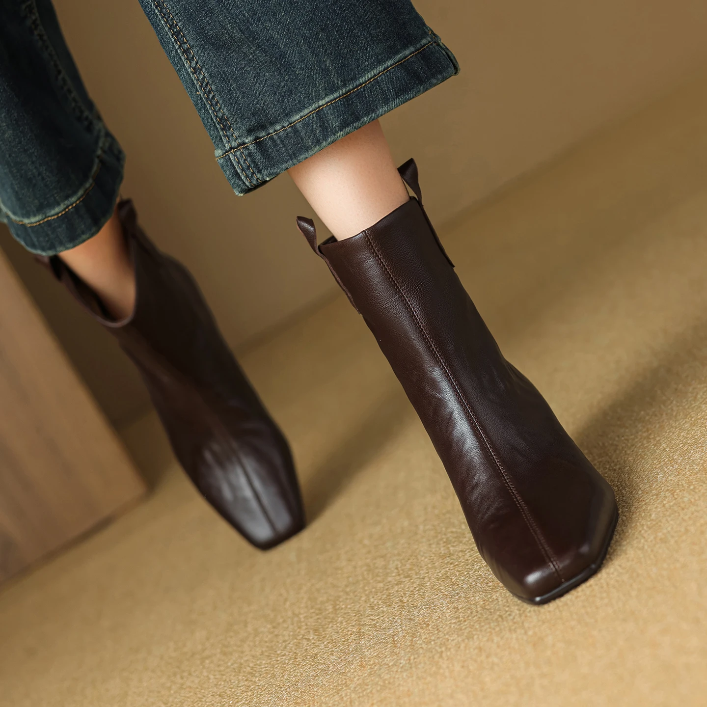 

Handmade Genuine Leather Western Ankle Boots Square Toe Wedge Heel Casual Outdoor Boots for Women