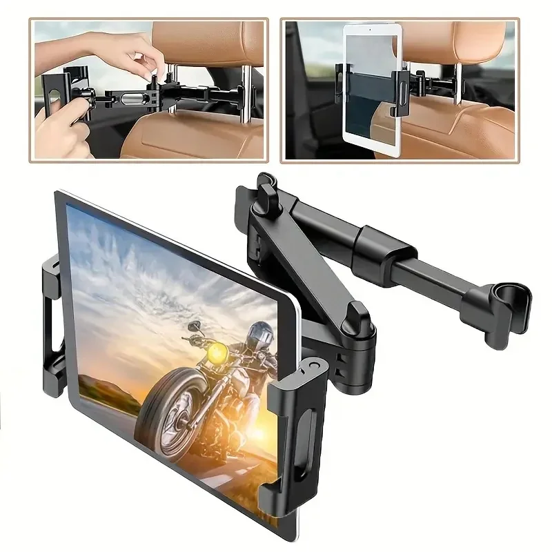 Car Headrest Tablet Mount Holder, Universal Cradle Fits 4.7‑12.9 Inch, Adjustable Stand for Tablets & Cell Phones, Backseat Ente