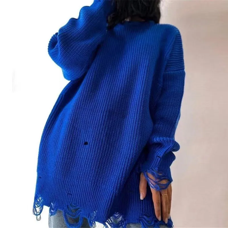 Autumn Winter New Solid Color Round Neck Long Sleeved Sweater With A Torn Hole At The Hem Loose Knit Pullover Sweater