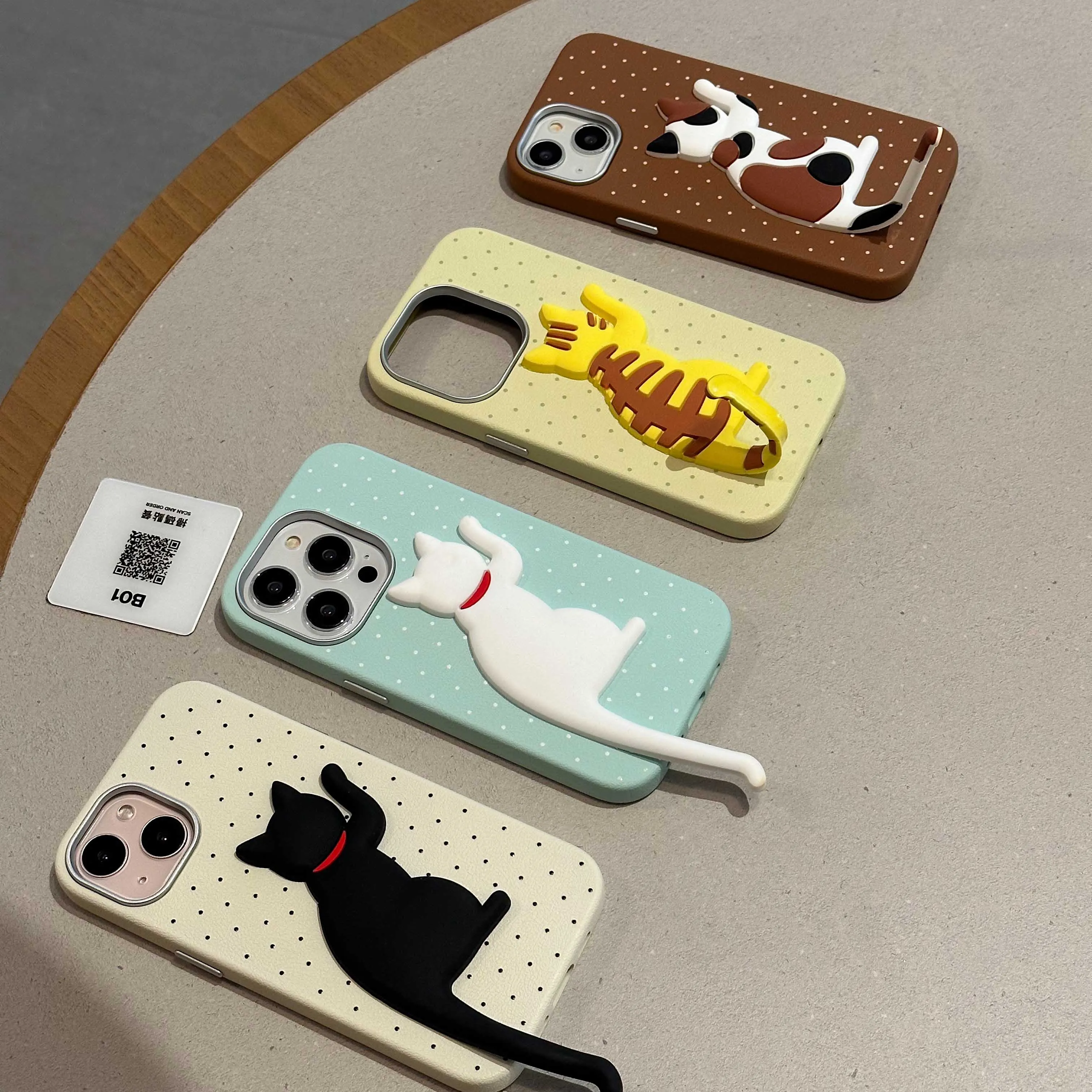 3D kitten tail stand holder shell for iphone 14pro 13 12 13pro 15promax 15 pro max 14 13promax ins points leather phone case