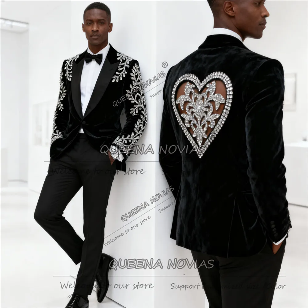 

Glitter Beaded Stones Suit Men Slim Fit Cut-Out Desingn Crystals Velvet Groom Blazers Customized 2 Piece Sets Man Wedding Tuxedo