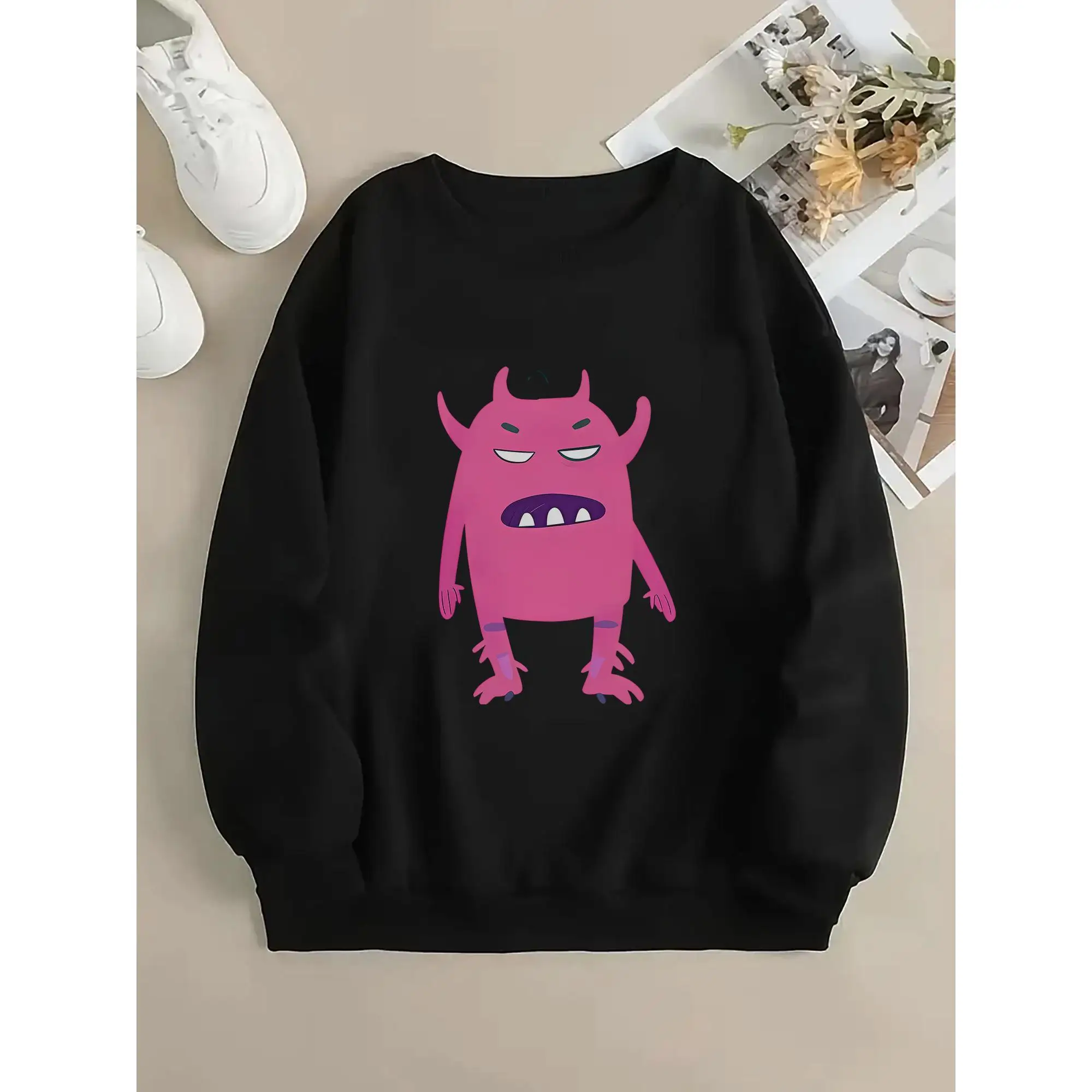 

Funny Monster Graphic Sweatshirt for Women, Pink Cartoon Demon Crewneck Jumper, Spooky Halloween Outfit Top