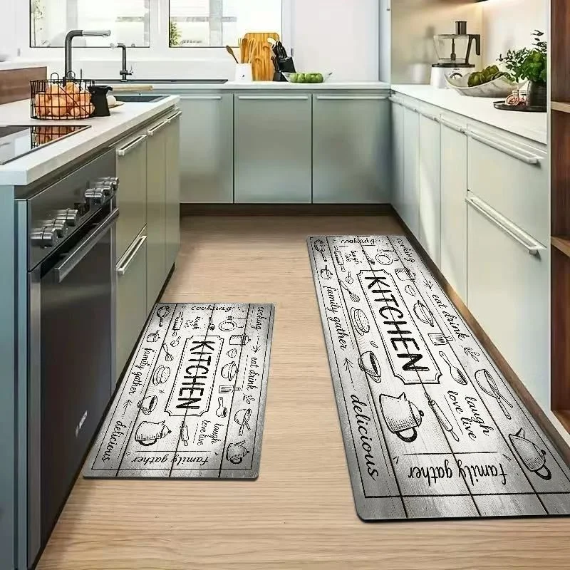 VIKAMA Grey Wood Kitchen Sketch Runner Mat Waterproof Oilproof Non Slip Anti Fatigue Farmhouse Long Kitchen Floor Mat