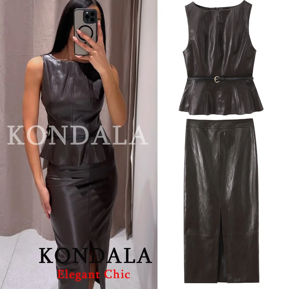KONDALA Women Trendy High Street Faux Leather Skirt Set Belt Vest Top Long Straight Skirt New Fashion 2026 Spring Commute Set