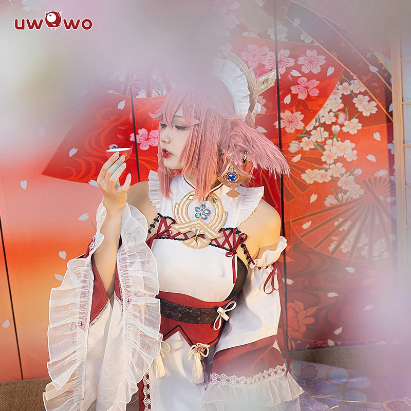 UWOWO Yae Miko Cosplay Maid Costume with Bow Genshin Impact Fanart Cosplay Maid Dress Ver. Halloween Christmas Costume