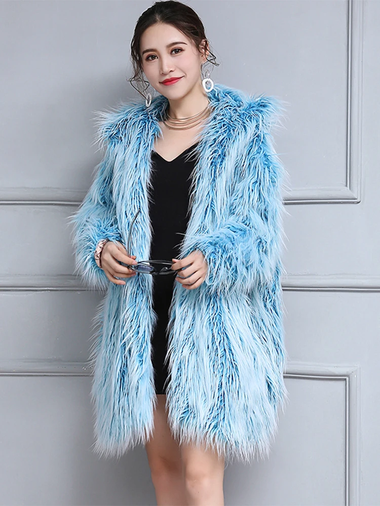 Nerazzurri Winter Oversized Warm Thick Shaggy Faux Fur Coat women Bat Sleeved Loose Blue Hairy Furry Mongolian Sheep Fur Jacket