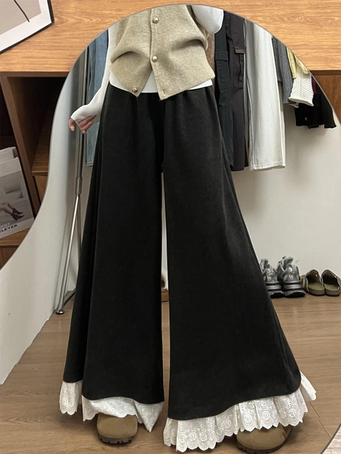 Spring 2026 New Sle Women's Loose Wide Leg Pants with Lace Trim Elastic Waist Casual Faionable Trousers for Ladies
