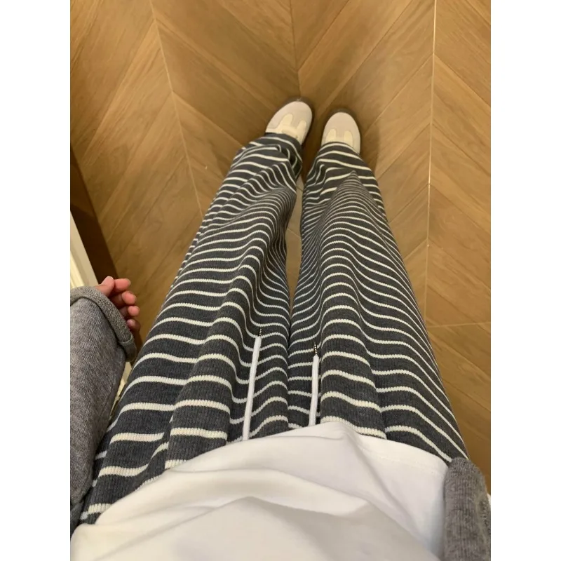 

2024 Autumn and Winter New Women's Casual Lazy Striped Glutinous Rice Pants Show Thin High-waisted Commuter Pants with Wide Legs