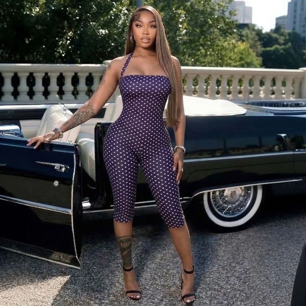 Fashion Halter Neck Off Shoulder Playsuits Skinny Fit Sleeveless Polka Dot Rompers High Waist Bandage Playsuits Street