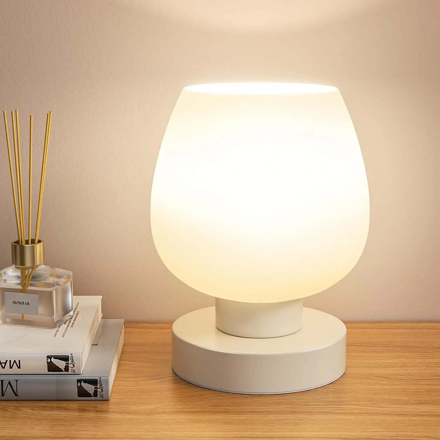 

Touch Table Lamp with 3-Way Dimmable LED Bulb, Small Bedside Lamp for Bedroom, Nightstand, Desk, Glass Shade, 3000K Warm Glow
