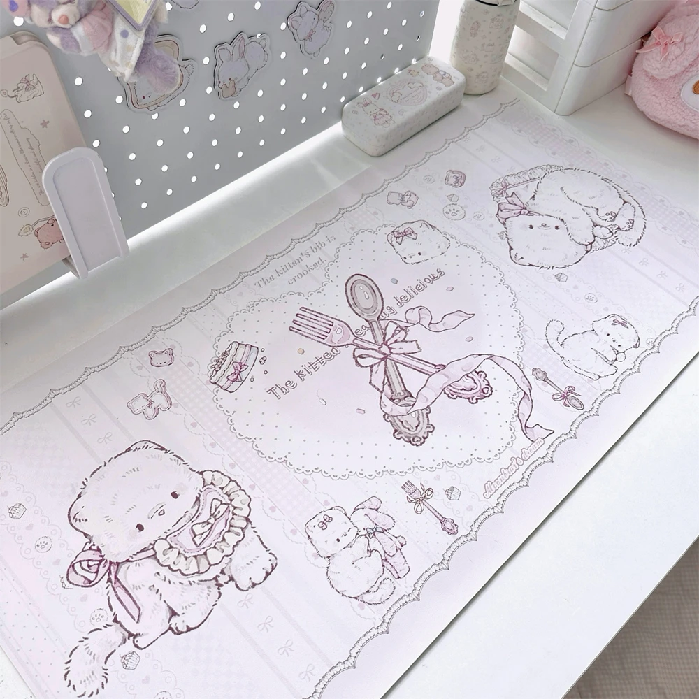 Cartoon Leather Waterproof Table Mat Dormitory Office Computer Mouse Pad Home Room Decoration Cute Cat Love Bow Pink Table Mat