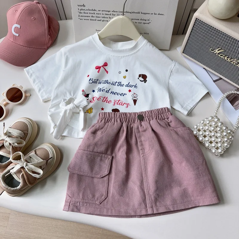 

Children's Outfit Dress New Summer Girls Stylish CartoonTShirt Top+Denim Skirt Pants Refreshing Two-Piece Set