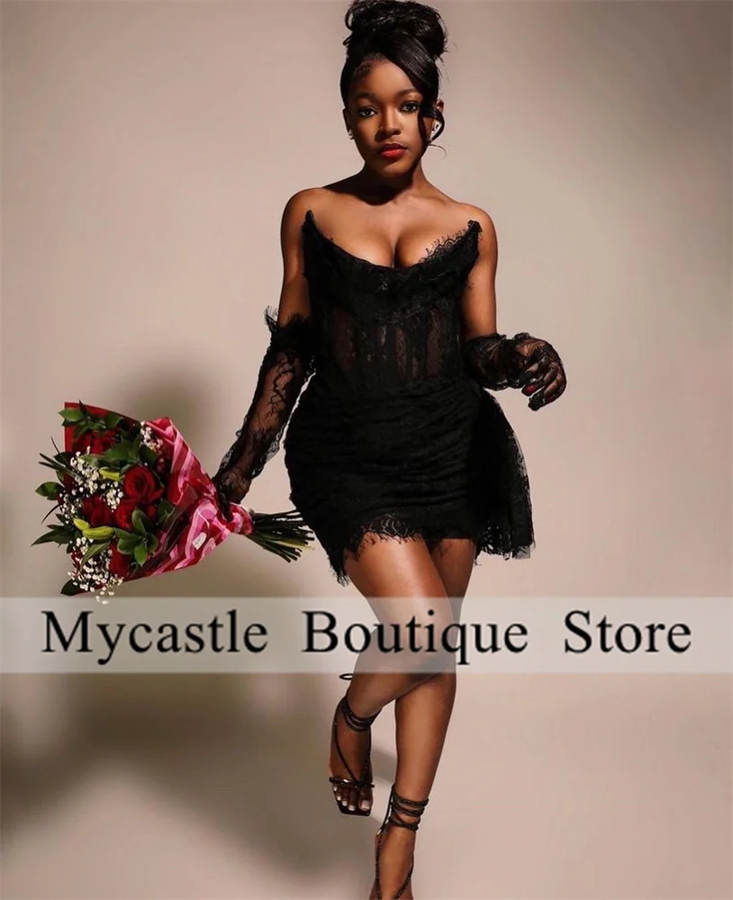 

Black Lace Short Prom Dress 2025 Black Girl With Glove Lace-Up Cocktail Dresses Homecoming Gowns Birthday Party Gown Customized