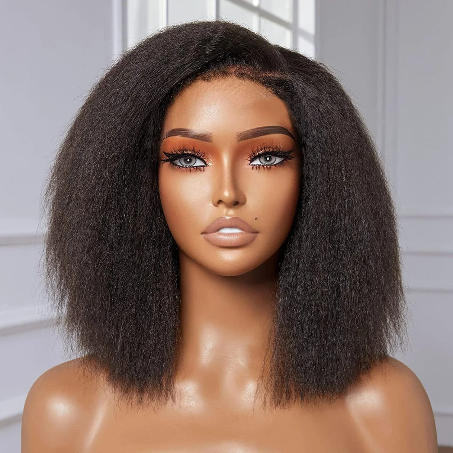 

Short Soft Glueless 20"180Density Yaki Natural Black Kinky Straight Lace Front Wig For Women With Baby Hair Synthetic Preplucked