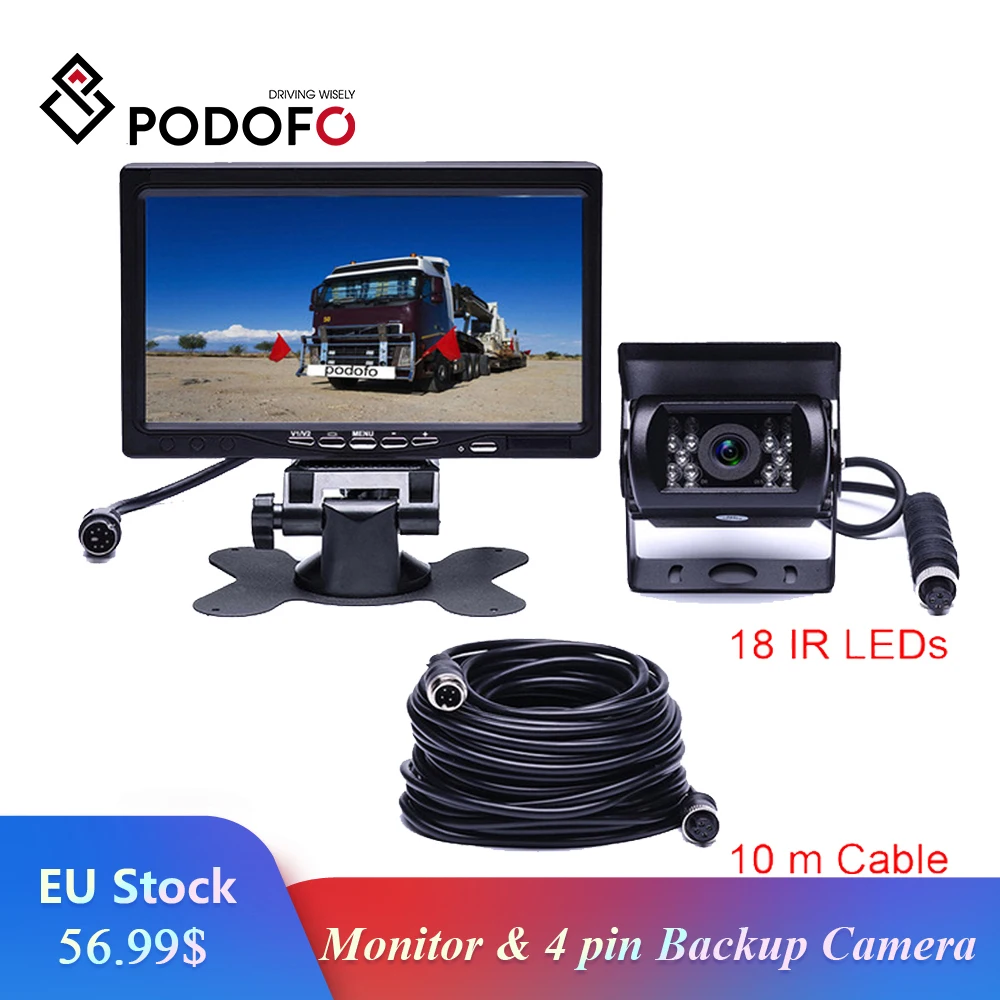 

Podofo DC 12V-24V 7" Car Monitor Display + 4 Pin IR Night Vision Rear View Camera for Bus Truck RV Caravan Trailers