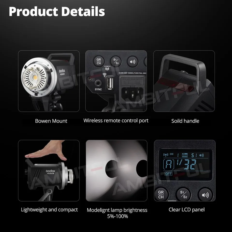 MS200V MS300V Studio Flash 200W 300W Fast Recycling LED Modeling Lamp 5600±200K for Pro Photography