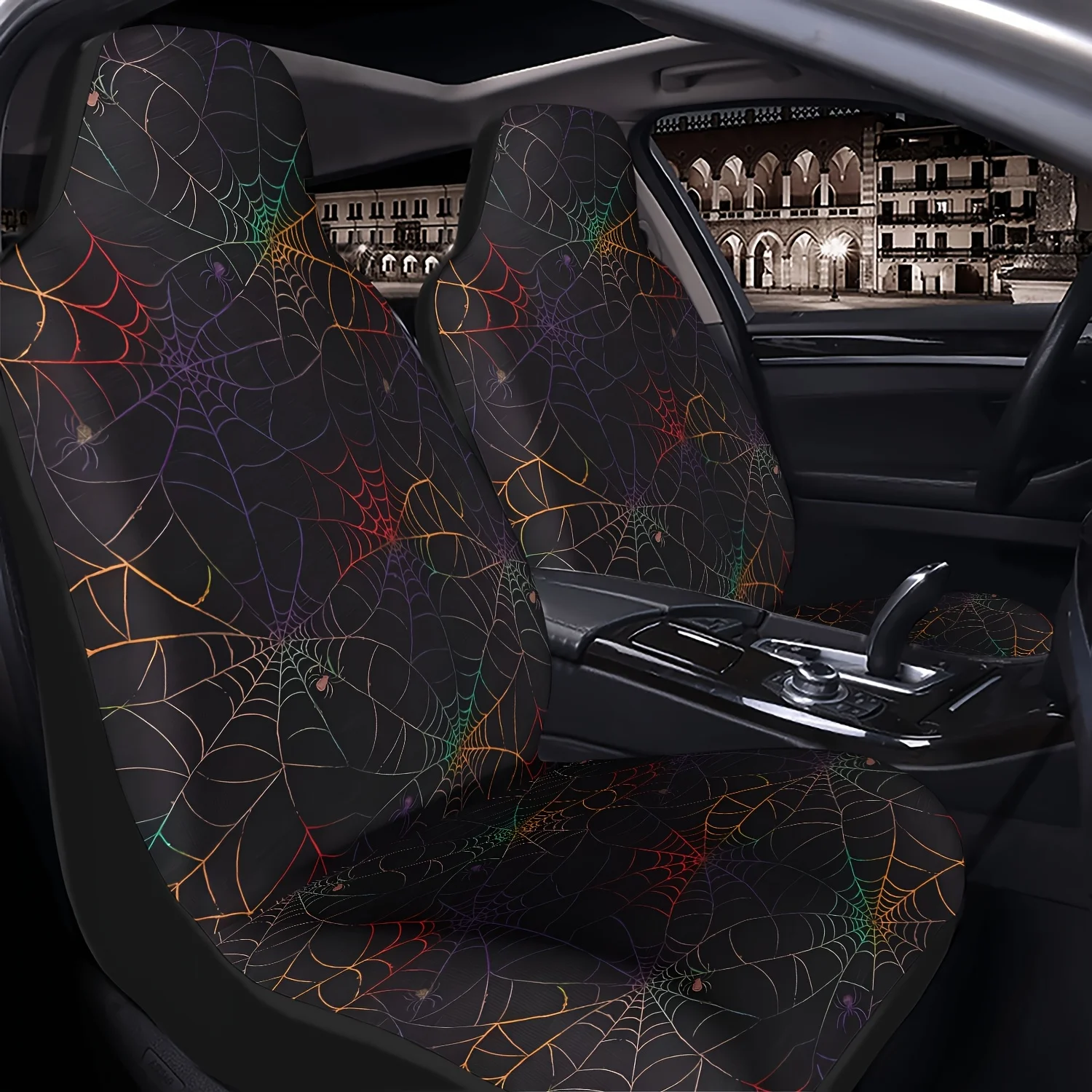 1pc Colorful Spider Web Nightfall Themed Printed Car Seat Cover, Easy To Install, Elastic Fit, Comfortable And Breathable, Unive