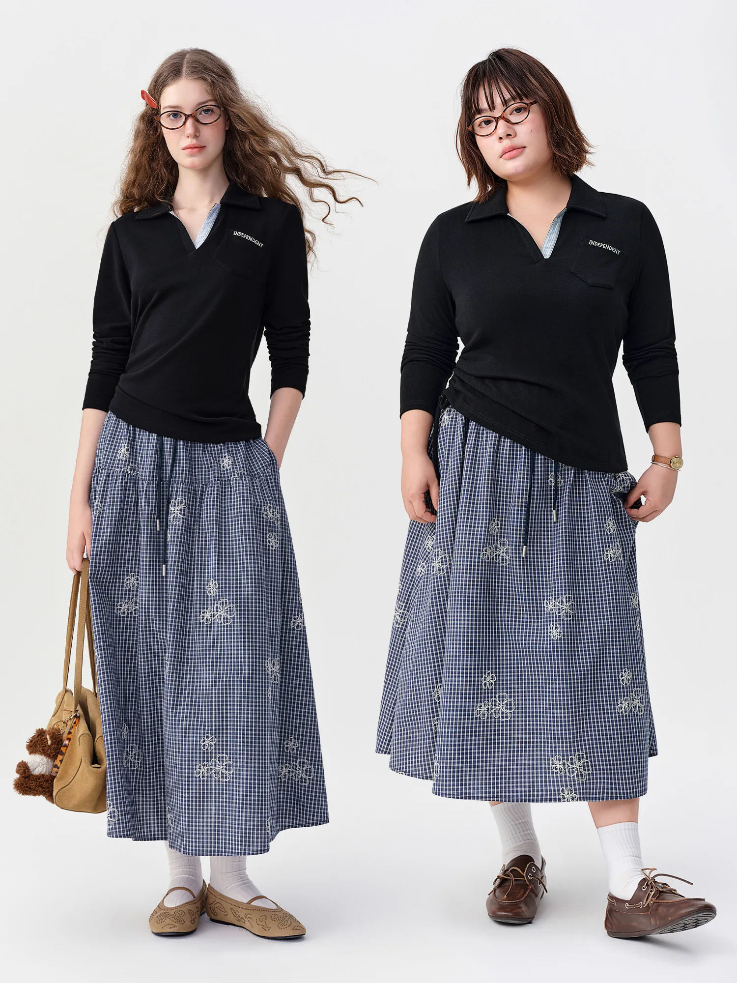 DUSHU 2026 Fall Women's Chic Elastic High Waist Plaid Embroidered A-Line Skirt - Flattering Versatile Style for Daily Wear