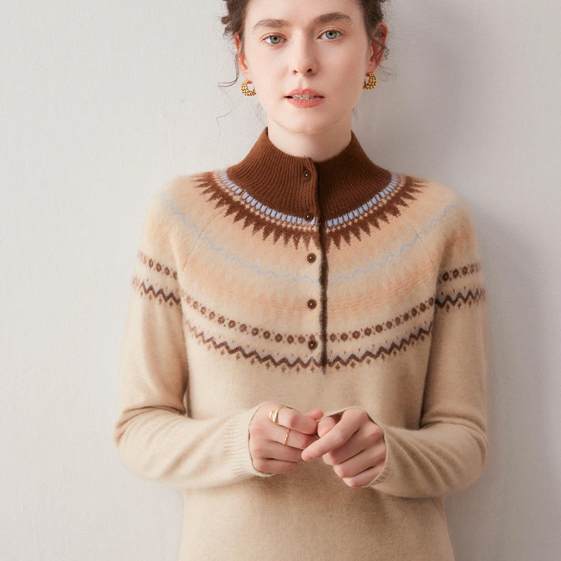 100% pure cashmere knitted cardigan women's O-neck sweater in autumn winter color blocked short sleeved jacket sweater hot sell