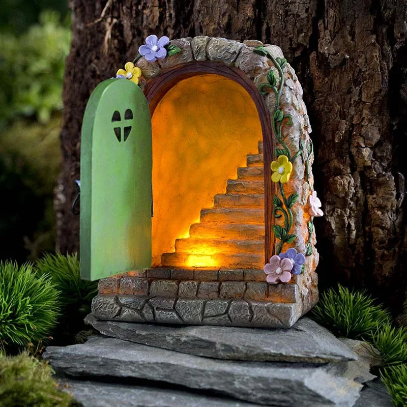 

Fairy Garden Shimen Staircase Resin Painted Craft Ornaments Courtyard Solar Lights Simulation Door Standing Decoration