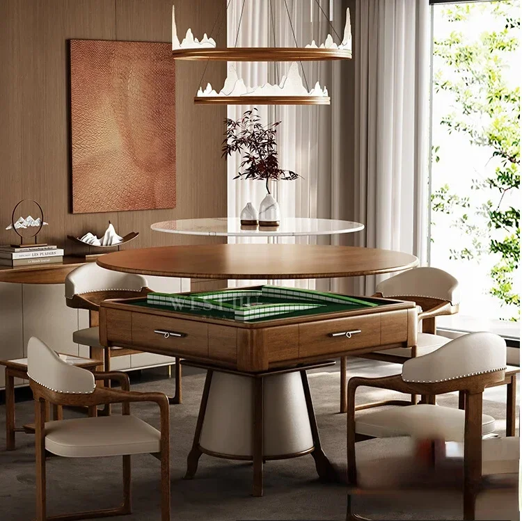 Hot selling New Chinese style solid wood silent rotary mahjong machine dining table dual-purpose