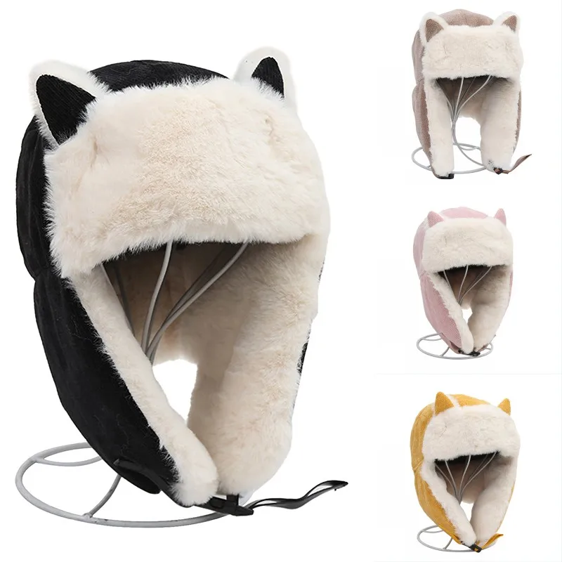 Winter Warm Thick Soft Plush Earmuffs Caps  Bomber Hats Outdoor Snowing Beanies Cat Ear Cashmere Hat Windproof Cotton Turban