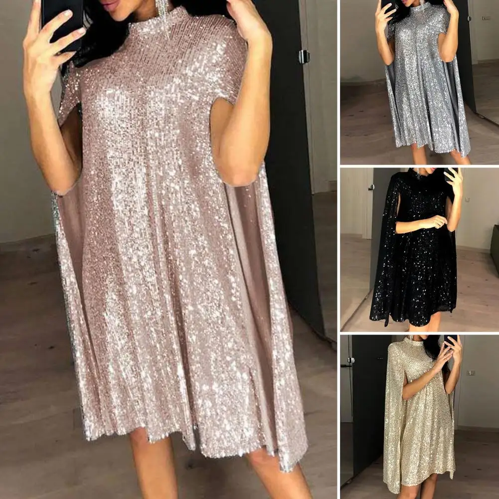 Vestido de lentejuelas para mujer, cuello levantado, sin mangas, diseño de hendidura, vestido de fiesta de cóctel brillante, ocasión Formal, Mini vestido de celebridad