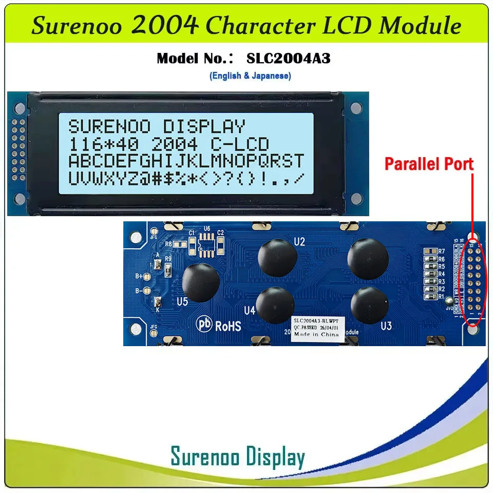 Surenoo 116*40MM 2*8Pin 204 20X4 2004 6800 IIC I2C Caratteri Modulo LCD Display Schermo LCM Bianco Retroilluminazione A LED Inglese Giapponese