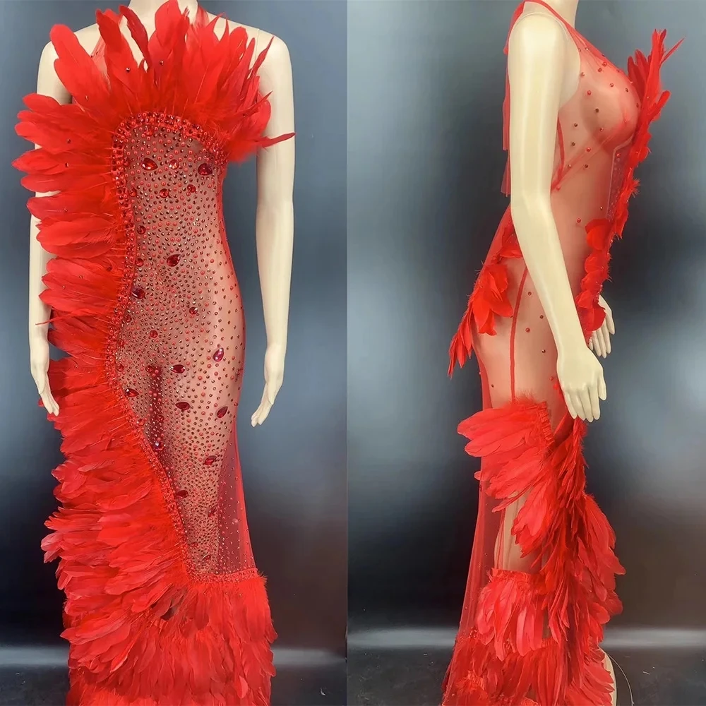 Vestido de sirena sin mangas con diamantes para mujer, traje de fiesta de cumpleaños, longitud hasta el suelo, perspectiva de gasa de plumas, ropa de club nocturno