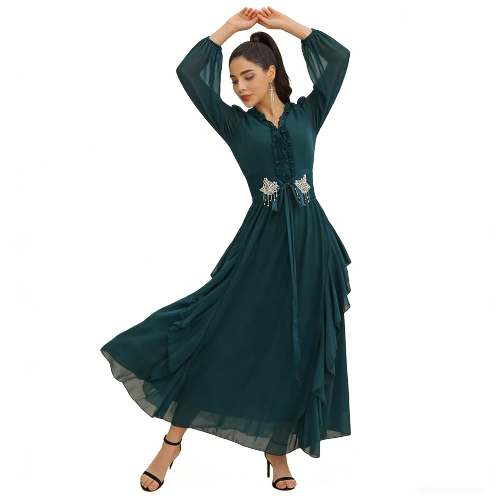 

Дубайское женское платье с рюшами и длинными рукавами, расшитое стразами, Абайя, Кафтан, мусульманское вечернее платье, Турецкий кафтан, женское платье, роба, Vestidos